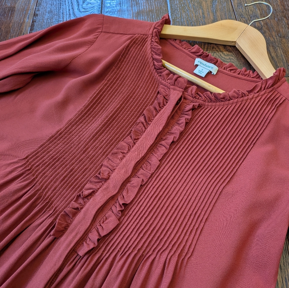 SUNDANCE I Flowy Rusty Red Pleated Ruffle Front Button Down Blouse Top, S
